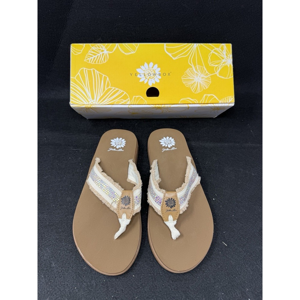 Yellow Box Genzy Rhinestone Flip Flop Sandals Womens Size 8.5 Beige With Box - Picture 1 of 6